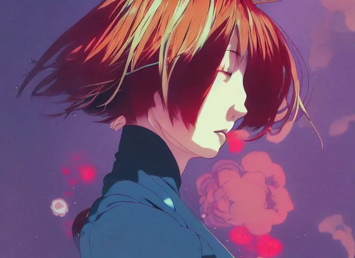 Image similar to yoh yoshinari editorial illustration colorful anime portrait of shiina ringo, murata range, blue submarine no 6, manga, fine texture, detailed, matte colors, perfect anime face, cinematic dramatic lighting, film grain, dynamic composition, moody, vivid, volumetric light, alphonse mucha, fine stippled lighting, ilya kuvshinov