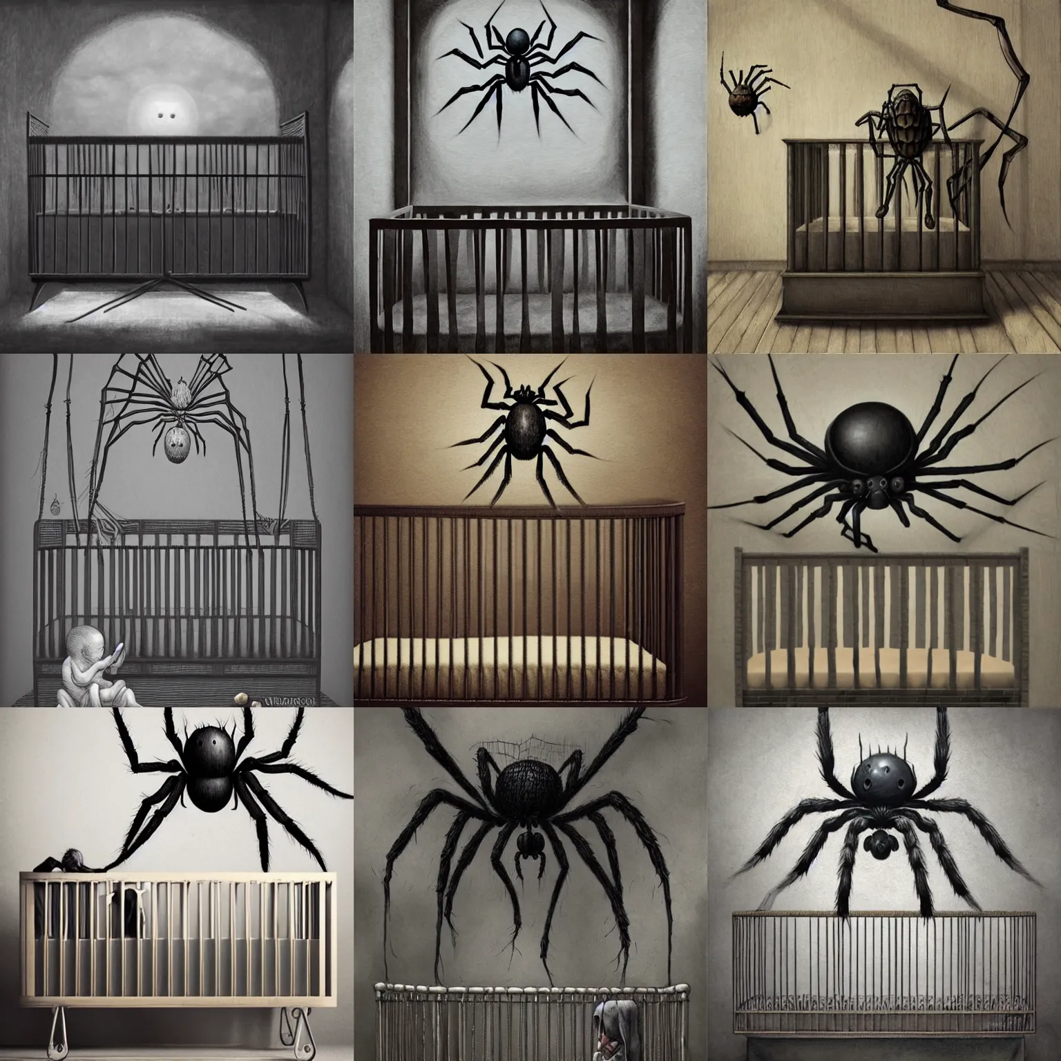 Prompt: a giant spider in a crib with a baby in the style of John Kenn Mortensen, realistic painting, high definition, digital art, matte painting, very detailed, realistic