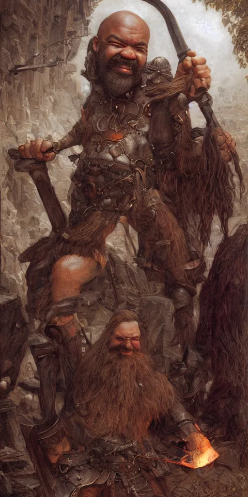 Prompt: jeffrey wright, blacksmith, very long beard, huge and very muscular, smiling hammer, dungeons and dragons, masterpiece by edgar maxence and ross tran and michael whelan, gustav dore, 8 k, octane render