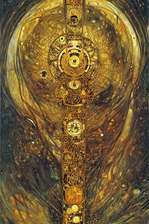 Prompt: The Atropos Clock by Karol Bak, Jean Deville, Gustav Klimt, and Vincent Van Gogh, otherworldly, fractal structures, arcane, hourglass, prophecy, ornate gilded medieval icon, third eye, spirals