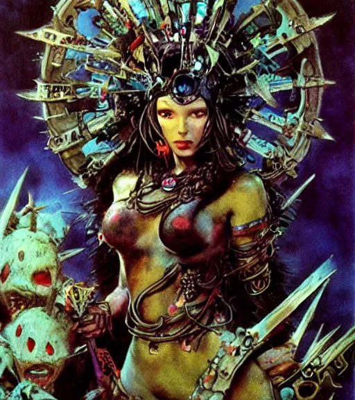 Image similar to princess of the wasteland, scrap metal headdress, strong line, vivid neon color, high contrast, beautiful! coherent! by brian froud, by frank frazetta, low angle