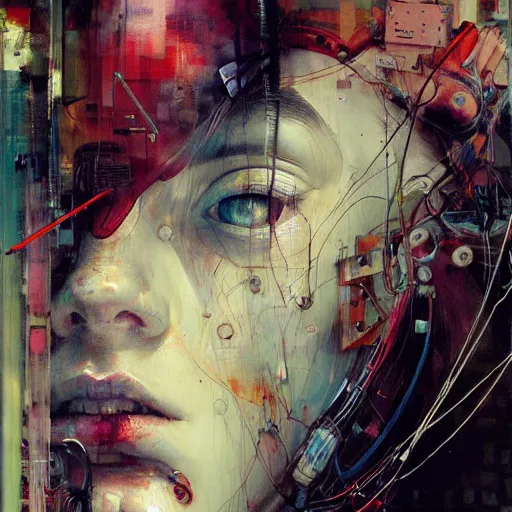 Image similar to young woman cyberpunk dreaming, wires cybernetic implants, in the style of adrian ghenie, esao andrews, jenny saville,, surrealism, dark art by james jean, takato yamamoto