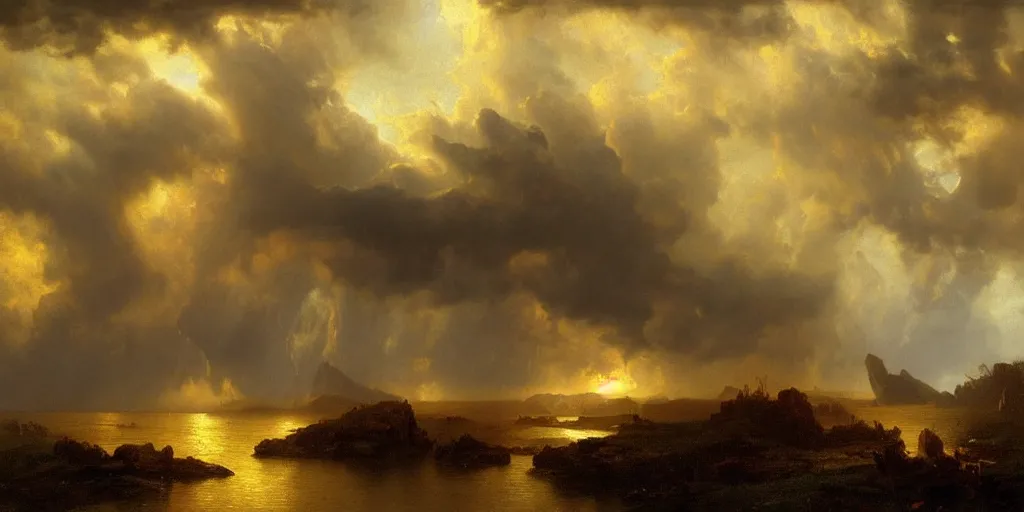 Image similar to a beautiful painting of epic skycape with thunder clouds and storm over a moody landscape by albert bierstadt and joseph zbukvic, moody color scheme, high detail, trending on artstation, orange : - 1 0, yellow : - 1 0