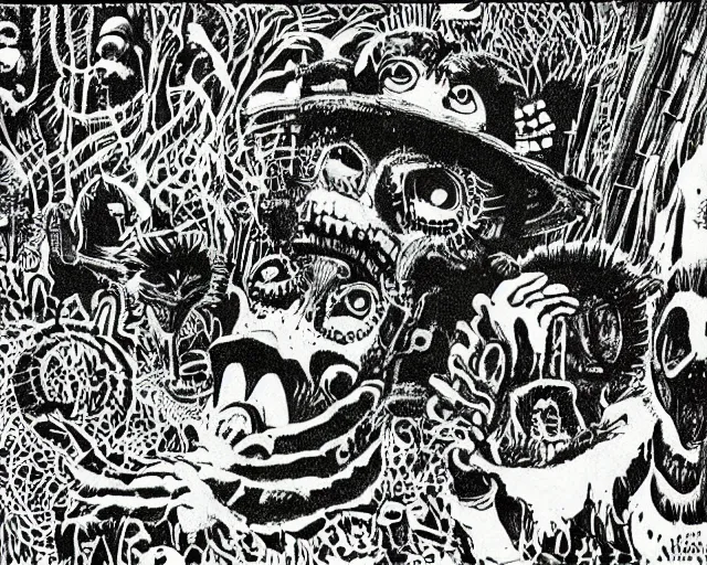 Prompt: surreal b & w nightmarish garden las pozas, mayan jaguar warrior, ink by frank miller and robert crumb, crayon and cut up, punk fanzine 1 9 6 7
