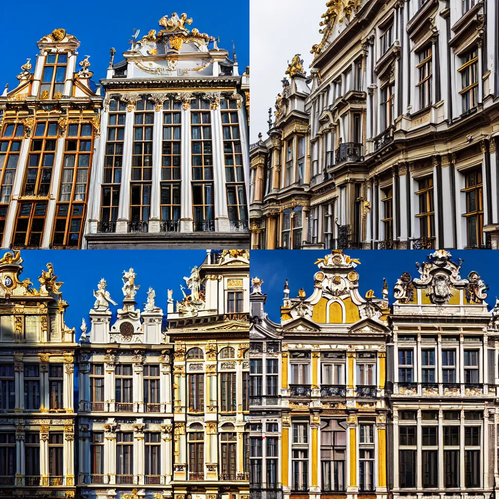 Prompt: High quality DLSR photography of baroque houses facade in Brussels, wide-angle, dramatic lighting, harsh sunlight