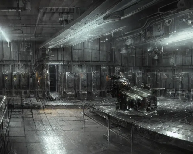 Image similar to gloomy colossal ruined server room in datacenter robot figure automata headless drone robot knight welder posing pacing fixing soldering mono sharp focus, emitting diodes, smoke, artillery, sparks, racks, system unit, motherboard, by pascal blanche rutkowski artstation hyperrealism cinematic dramatic painting concept art of detailed character design matte painting, 4 k resolution blade runner