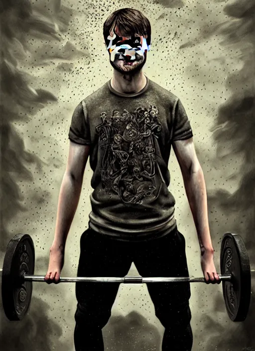 Image similar to a highly detailed portrait of Daniel Radcliffe as Harry Potter doing barbell back squats, wearing a muscle tee shirt, intricate detail, digital painting, old english, raining, sepia, particles floating, whimsical background by marc simonetti, artwork by ross tran + ramond swanland + liam wong