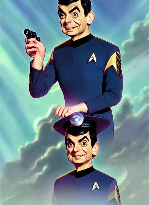 Image similar to cute star trek officer mr bean, natural lighting, path traced, highly detailed, high quality, digital painting, by don bluth and ross tran and studio ghibli and alphonse mucha, artgerm