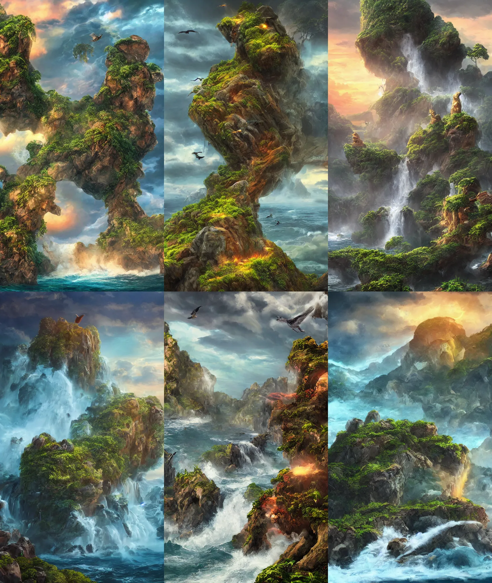 Prompt: flying rocky island, avatar, stormy sea, vines, waterfall, birds, cinematic, sunset, hyper-realistic, high resolution, concept art, artstation