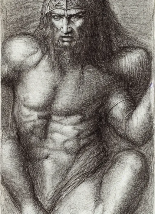 Prompt: a silverpoint drawing of Conan the barbarian by Leonardo da Vinci,