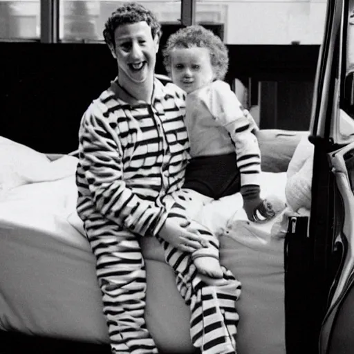 Prompt: mark zuckerberg in a pajama onesie getting tucked into a racecar bed by his mother circa 1 9 9 1