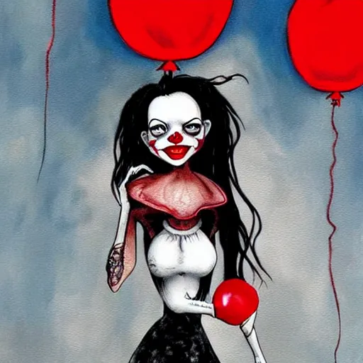 Prompt: grunge cartoon painting of rihanna with a wide smile and a red balloon by chris leib, loony toons style, pennywise style, corpse bride style, horror theme, detailed, elegant, intricate