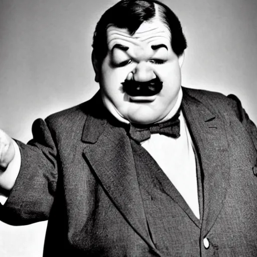 Image similar to live-action-Wario-hollywood movie casting, played by Oliver-Hardy, posing for poster photography