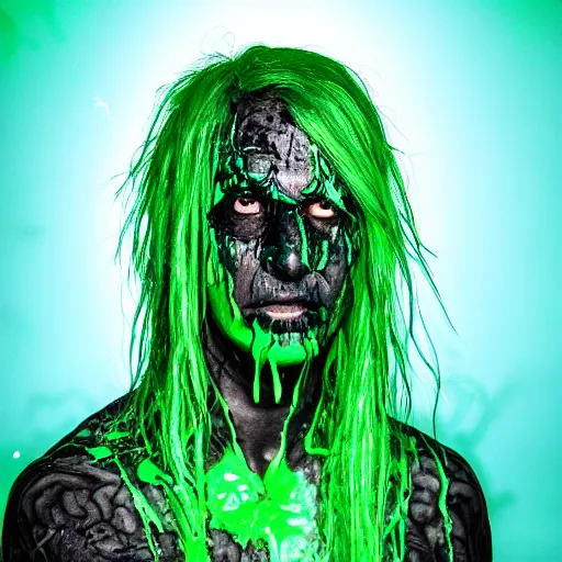 Prompt: a portrait photo of a poison themed character, green glowing cracks on face, poison dripping, gloom, scary face, photorealistic, extremely detailed,