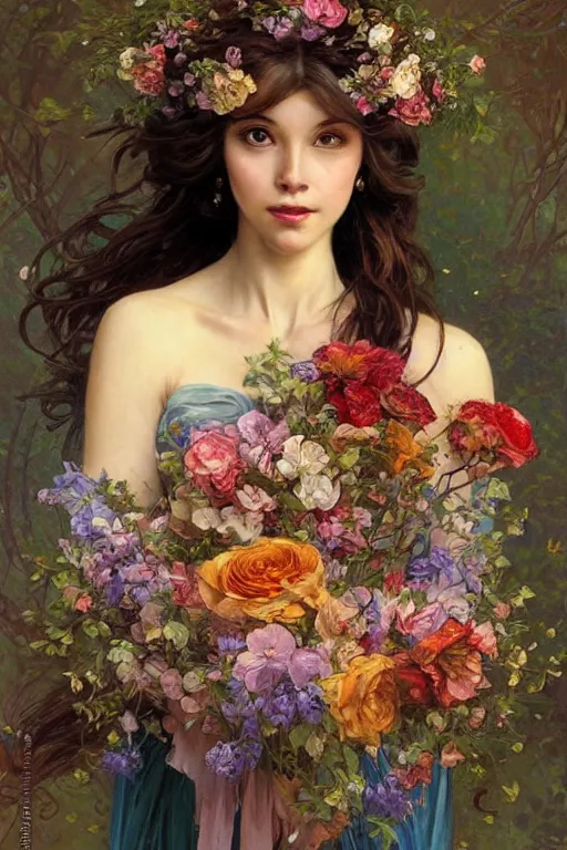 Image similar to portrait of a beautiful mysterious woman holding a bouquet of flowing flowers, hands hidden under the bouquet, fantasy, regal, intricate, by stanley artgerm lau, greg rutkowski, thomas kindkade, alphonse mucha, loish, norman rockwell