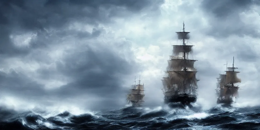Prompt: ships at sea in a storm , fantasy, hyper realistic, dramatic lighting, 8k