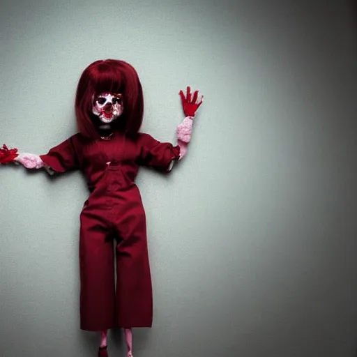 Prompt: evil creepy female killer doll standing in the room