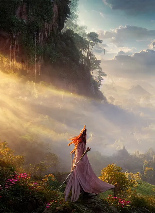 Image similar to an elven princess with wings of lace in the lord of the rings scenery landscape, looking out at a vast lush valley of fairy homes, flowers, sunrise, god's rays highly detailed, vivid color, cinematic lighting, perfect composition, 8 k, gustave dore, derek zabrocki, greg rutkowski, belsinski, octane render