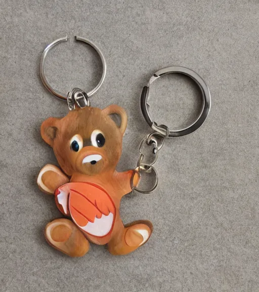 Prompt: keychain of a realistic bear and a salmon