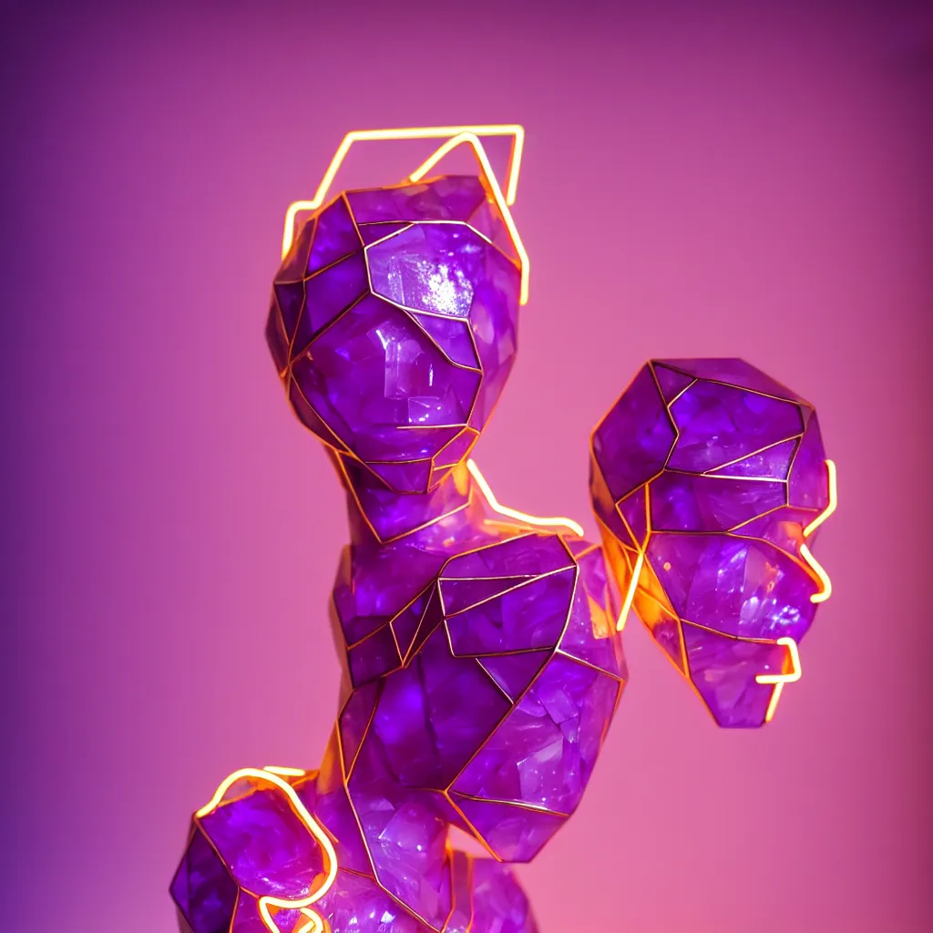 Image similar to beautiful mannequin sculpted out of amethyst by billelis + lit with geometric neon + kintsugi, facing a doorway opening with neon pink geometric light + gold geometric cubed bonsai plants, clean linework, dramatic, finely detailed, rule of thirds, moody, award winning, 4 k, trending on artstation, photorealistic, volumetric lighting, octane render