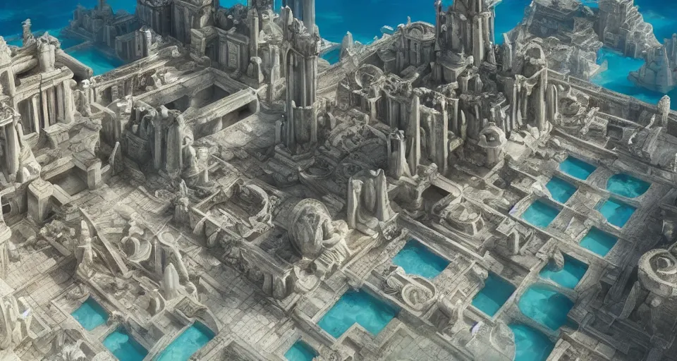 Prompt: the lost city of Atlantis, underwater, fully built buildings, white marble, hyper detailed, 4K