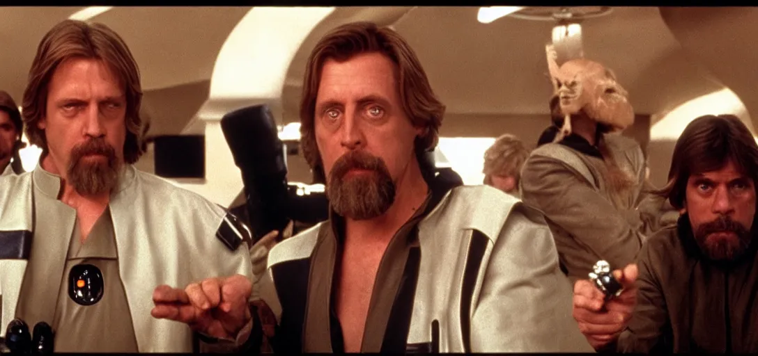 Prompt: The Big Lebowski bowling with Luke Skywalker in the Star Wars Cantina from A New Hope, Steve Buscemi is in the background in a Stormtooper uniform with his helmet off