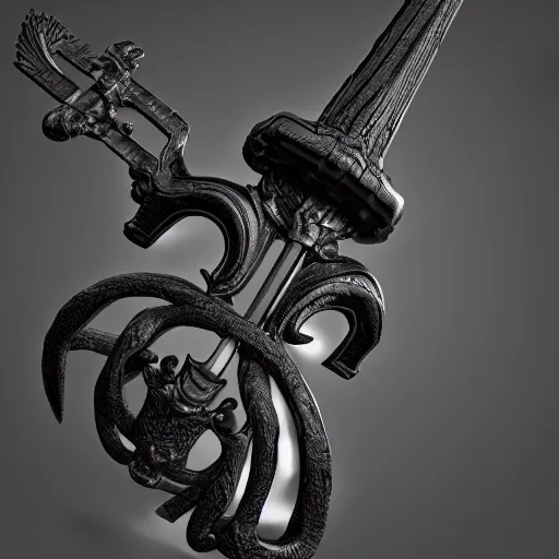 Image similar to a black sword skull handle, ornament, weapon, a 3 d render by dom qwek, studio lighting, raytracing, trending on polycount, futurism, hard surface modeling, rendered in maya, 3 ds max, blender, artstation hd, vray, front side view