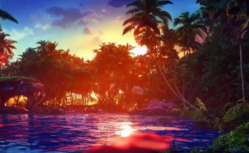 Image similar to a tropical resort in a jungle paradise, with a beautiful red and blue sunset, dynamic lighting, photorealistic fantasy concept art, trending on art station, stunning visuals, creative, cinematic, ultra detailed, ray tracing, sun rays, native tribes, wonderous waters, amazing detail