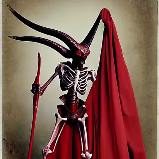 Image similar to by keith mallett, by aleksi briclot poloroid playful. a beautiful photograph of a horned, red - eyed, skeleton - like creature, with a long black cape, & a staff with a snake wrapped around it, standing in front of a castle atop a cliff.