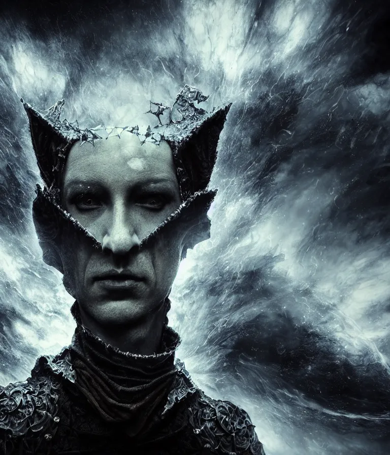 Image similar to impressive ominous front!! shot photo of a court jester character fine portrait fine portrait mesmerizing fractal hyper cubes platinum cracked dark future hyper dimensional space galactic crystal nebula edges elegant detailed intricate concept artstation sharp focus ray tracing cinematic masterpiece temporal corruption beeple wlop germ 8 4 k scifi glossy hyper realistic illustration canon eos r 3 fujifilm x - t 3 0 sony alpha a 6 6 0 0