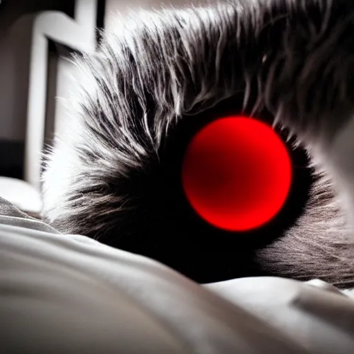 Prompt: You're lying in bed, trying to get to sleep, when you hear a scratching noise coming from the other side of the room. You try to ignore it, but the noise gets louder and more persistent until you finally sit up and look over to see a large, furry creature with glowing red eyes standing at the edge of your bed, looking at you hungrily, 8k, surrealistic digital still image, in the style of Keith Thompson and Michael Whelan