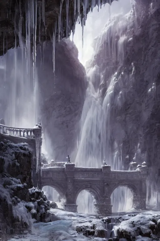 Image similar to a palace made of crystal stone with arches and bridge on top of a waterfall in the snow, blizzard, a small stream runs beneath the waterfall, landscape, raphael lacoste, eddie mendoza, alex ross, concept art, matte painting, highly detailed, rule of thirds, dynamic lighting, cinematic, detailed, denoised, centerd