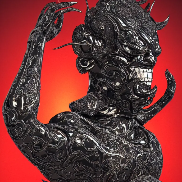 Image similar to a black hannya (般若) mask, kintsugi, symmetrical, ornate, details, smooth, sharp focus, illustration, realistic, cinematic, artstation, award winning, rgb , unreal engine, octane render, cinematic light, macro, depth of field, blur, red light and clouds from the back, 8K,