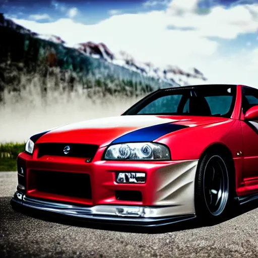 Image similar to nissan skyline r34 with Canadian flag reflection, photography, realistic