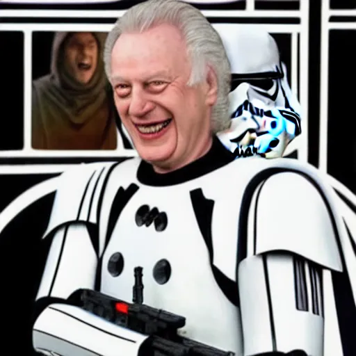 Image similar to Lord Palpatine laughs out loud with his stormtrooper friends meme