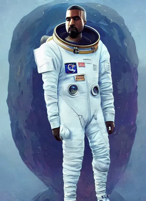 Prompt: pinted full body portrait of kanye west as an astronaut by greg rutkowski, he is about 3 0 years old, short blond hair, athletic and strong, straight jaw, wearing futuristic space gear, highly detailed portrait, digital painting, artstation, concept art, smooth, sharp foccus ilustration, artstation hq.