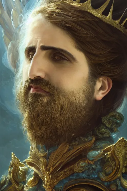 Prompt: closeup portrait shot of jason schwartzman as king oberon, fairy wings, lord of beasts, highly detailed, digital painting, artstation, concept art, soft focus, depth of field, artgerm, tomasz alen kopera, peter mohrbacher, donato giancola, wlop, boris vallejo