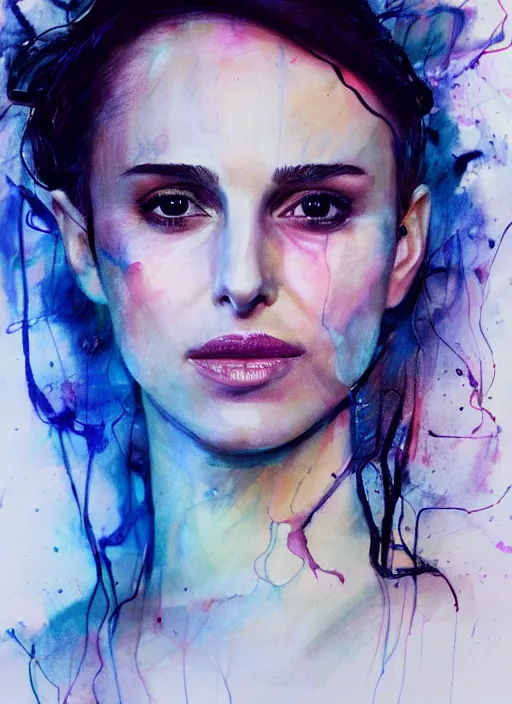 Image similar to nathalie portman by agnes cecile, pastel light colours, ink drips, autumn lights