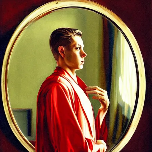 Prompt: lasombra young man in dressing gown looks to the left in the big mirror that reflects the empty room, cinematic lighting, highly detailed, digital art, Renaissance painting, by Leyendecker, by Rutkowsky,