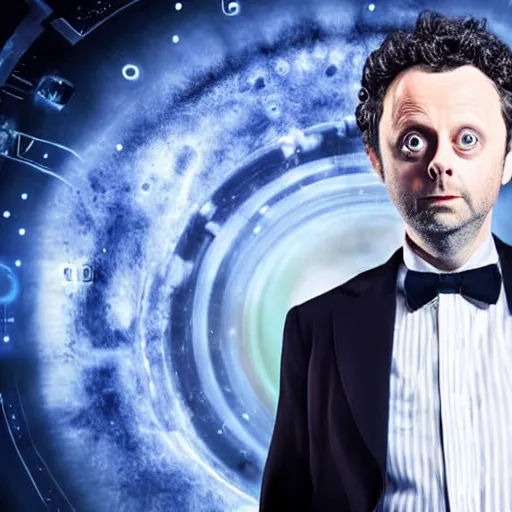 Image similar to a beautiful full body photograph of michael sheen as'doctor who ', time vortex in the background, detailed face, symmetrical face, extreme realism and detail, 8 k, completely framed, direct lighting, 3 5 mm photo, photorealistic, sharp focus