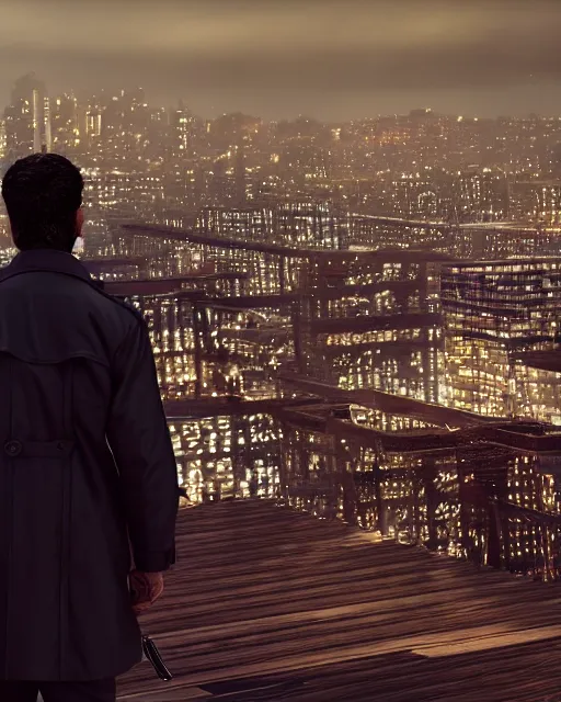 Prompt: a night rooftop scene, close up shot of a photorealistic gangster wearing a trench coat looking at the city below, unreal engine, hyper realism, realistic shading, cinematic composition, realistic render, octane render, detailed textures