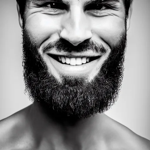 Image similar to Black and white photography of a very muscular man smiling with a chiseled jawline and trimmed beard