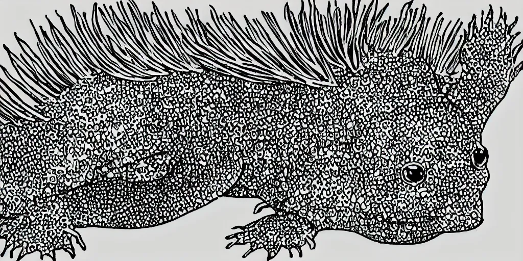 Prompt: axolotl black and white illustration