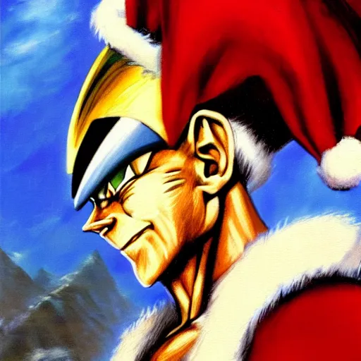 Image similar to an oil painting of a vegeta wearing a christmas hat drawn by frank frazetta, 3 d, cinematic 4 k wallpaper, 8 k, ultra detailed, high resolution, award - winning pencil drawing