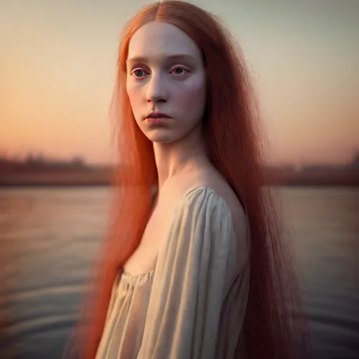 Image similar to photographic portrait of a stunningly beautiful english renaissance female in soft dreamy light at sunset, beside the river, soft focus, contemporary fashion shoot, in a denis villeneuve and tim burton movie, by edward robert hughes, annie leibovitz and steve mccurry, david lazar, jimmy nelsson, extremely detailed, breathtaking, hyperrealistic, perfect face, octane render