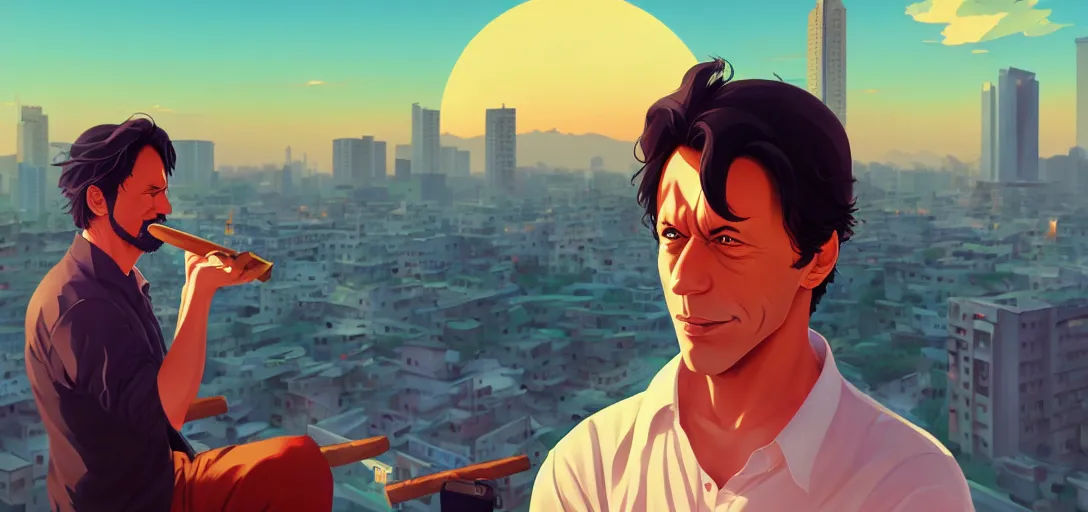 Image similar to ⁠portrait of Imran Khan Smoking a cigar , Karachi skyline background, rich vivid colors, ambient lighting, dynamic lighting, 4k, HQ, official media, anime key visual, makoto shinkai, ilya kuvshinov, lois van baarle, rossdraws, detailed, trending on artstation