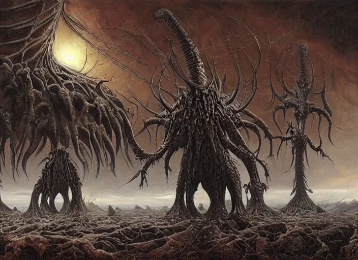 Prompt: fractal of the last survivors on earth witness the end of the world, big titan creature apocalypse scene, by giger and vladimir kush