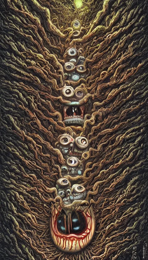 Image similar to a storm vortex made of many demonic eyes and teeth over a forest, by naoto hattori