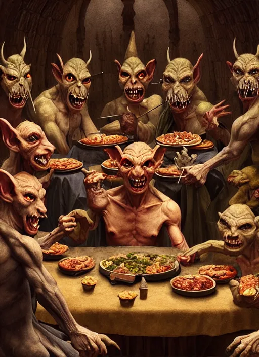 Image similar to profile group face portrait of medieval goblins having a banquet in the cloisters, beautiful face, hyper realistic, highly detailed, digital painting, artstation, illustration, concept art by hyung tae, bosch, giger, frank frazetta, digital paint, matte paint, washed colors, dark, gloomy