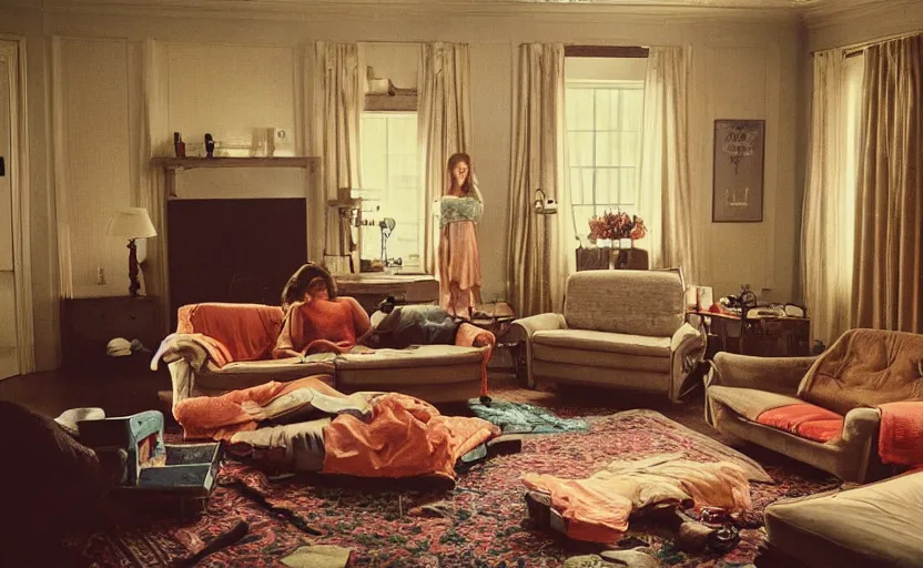 Image similar to a moody photograph of a 9 0 s living room, gregory crewdson, wes anderson